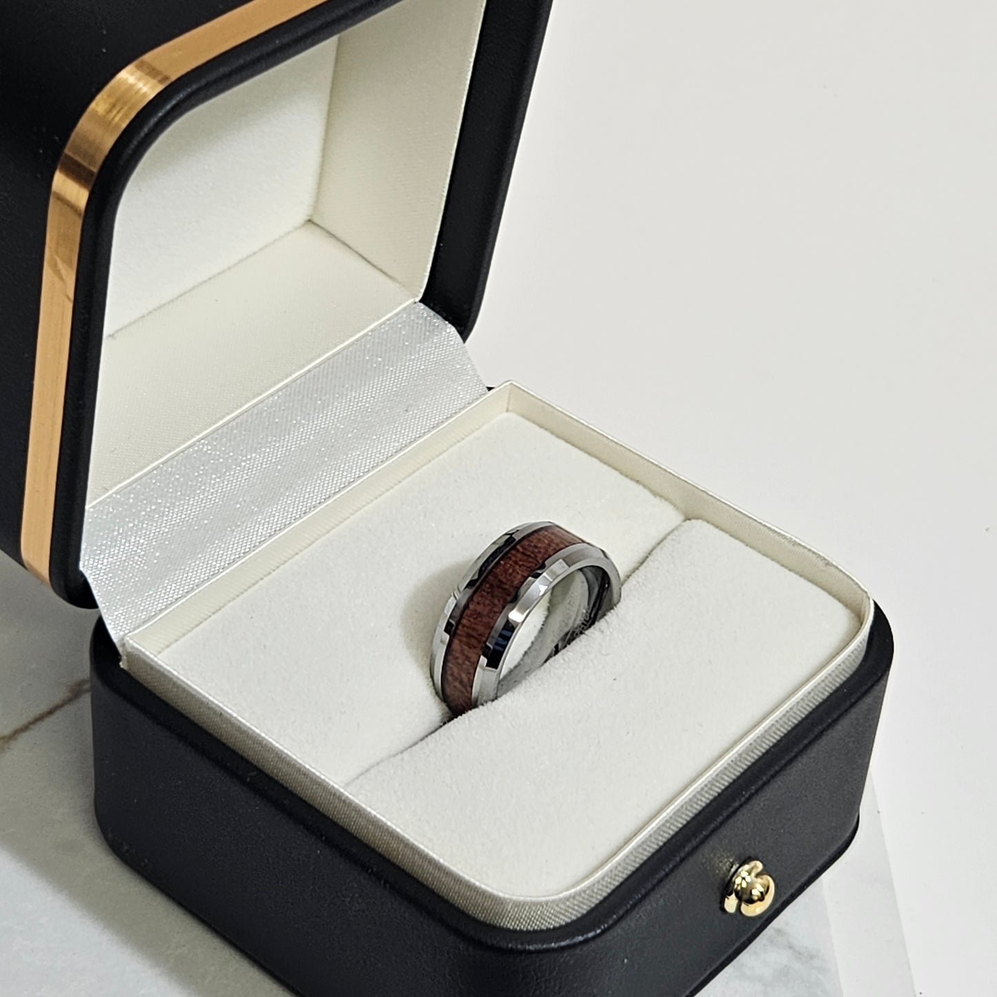 Simple beveled edge Koa wood inlay Tungsten carbide ring