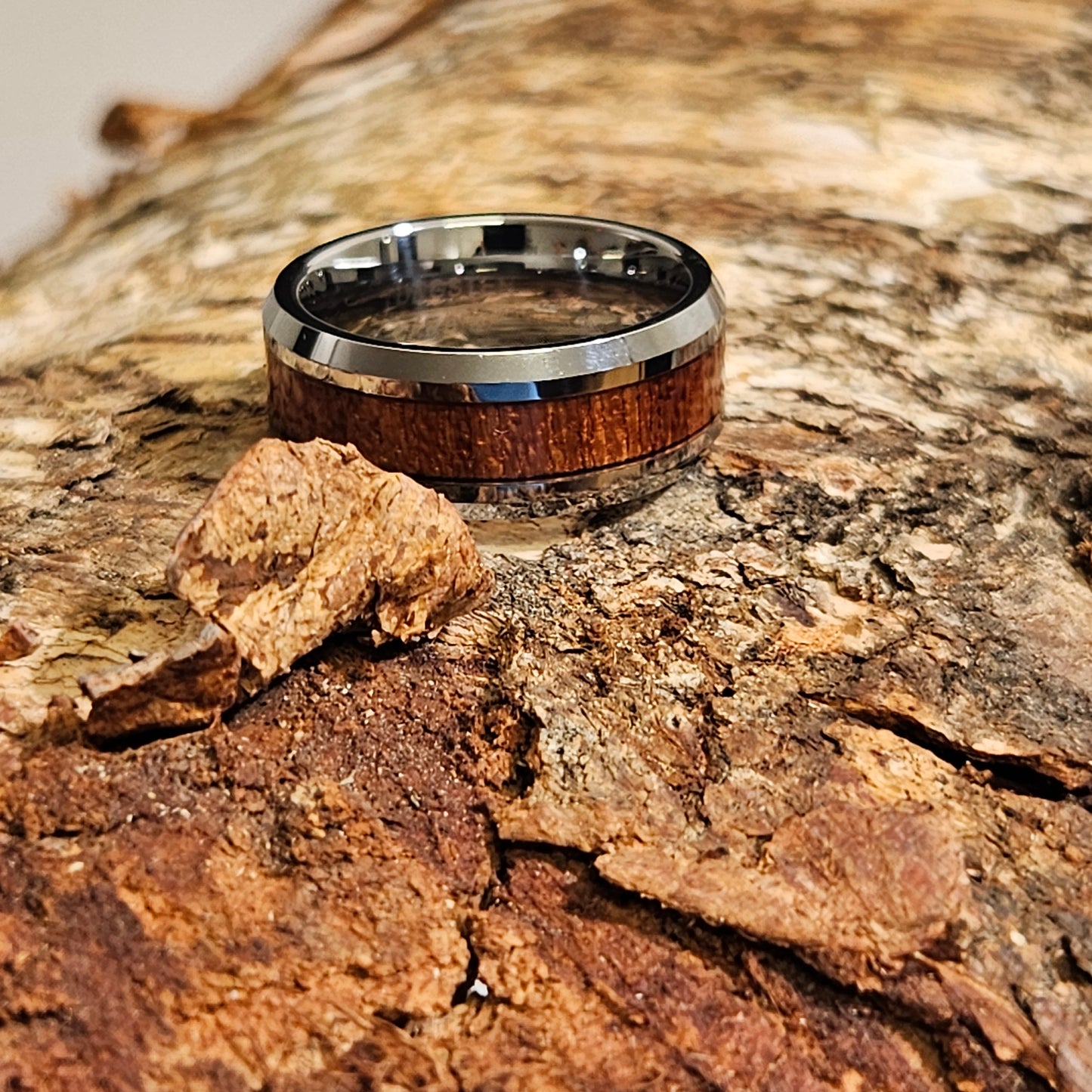 Simple beveled edge Koa wood inlay Tungsten carbide ring