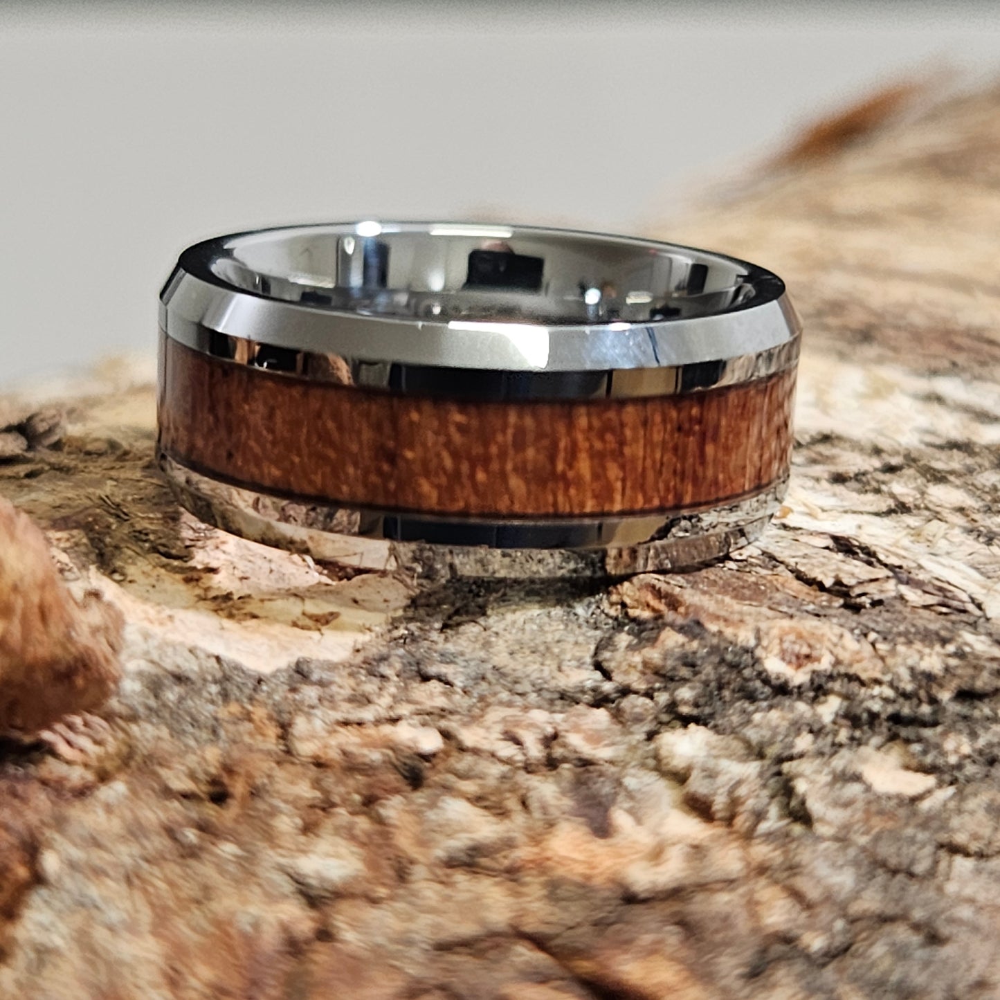 Simple beveled edge Koa wood inlay Tungsten carbide ring