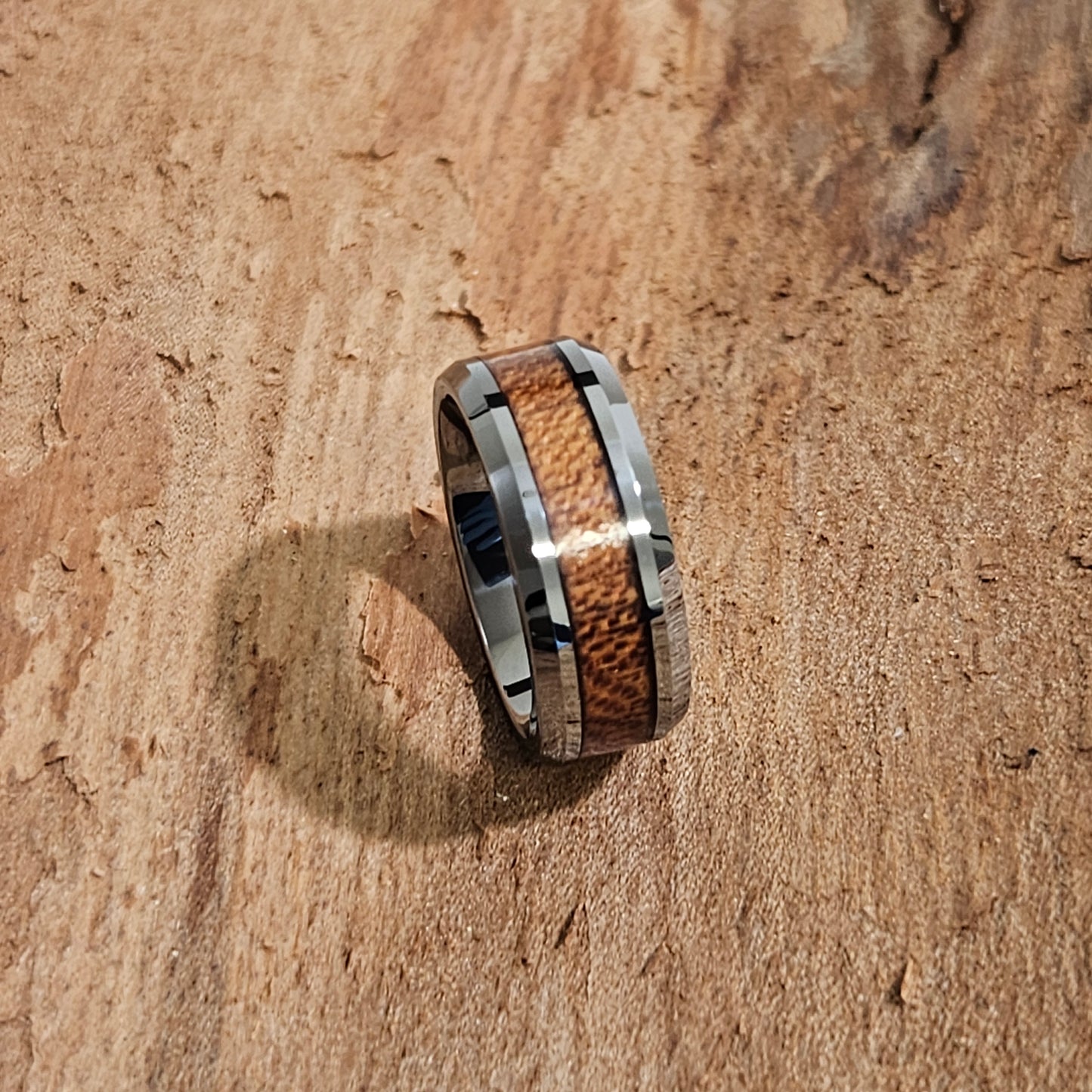 Simple beveled edge Koa wood inlay Tungsten carbide ring