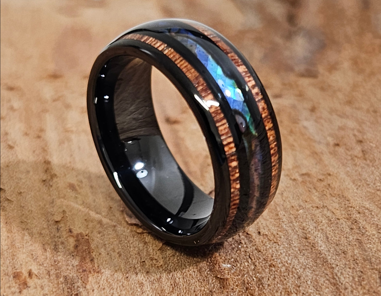 Koa wood abalone shell Inlay Tungsten ring