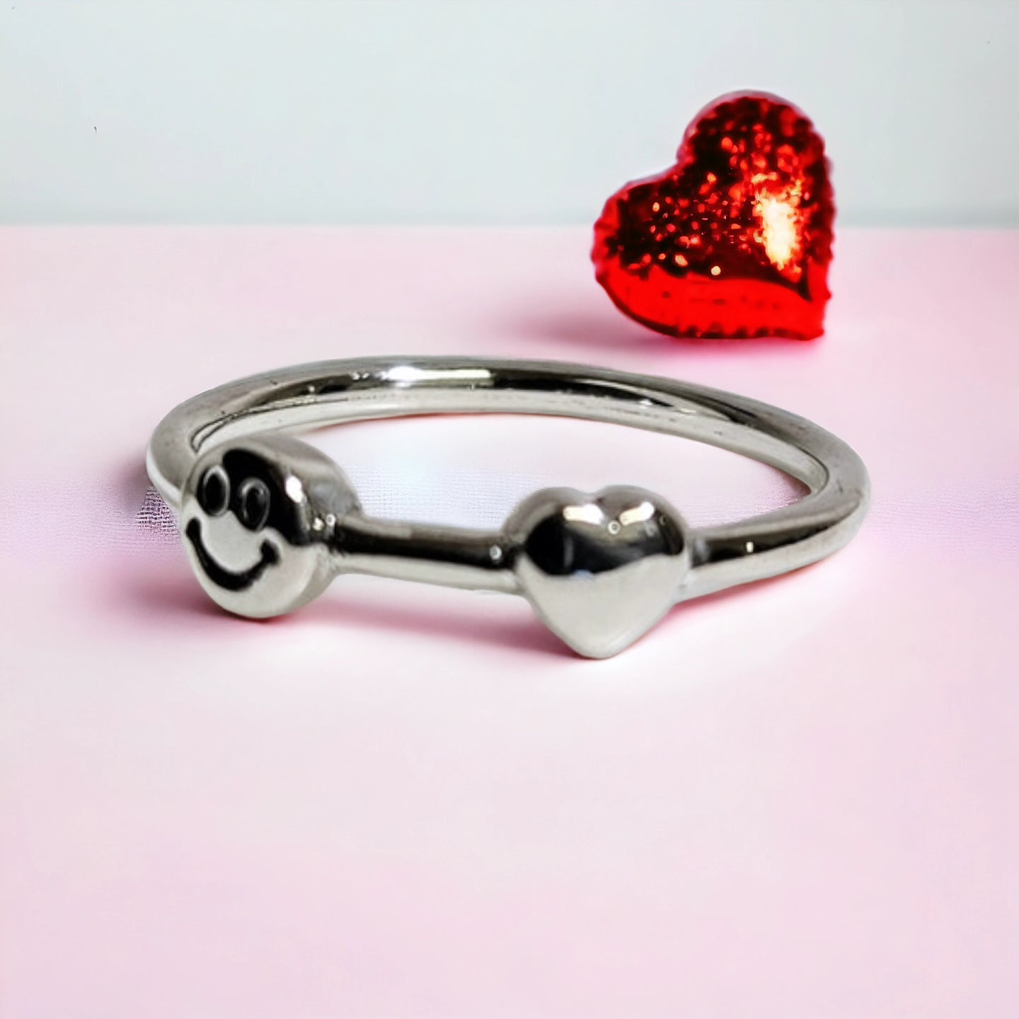 LIttle heart and happy face silver ring