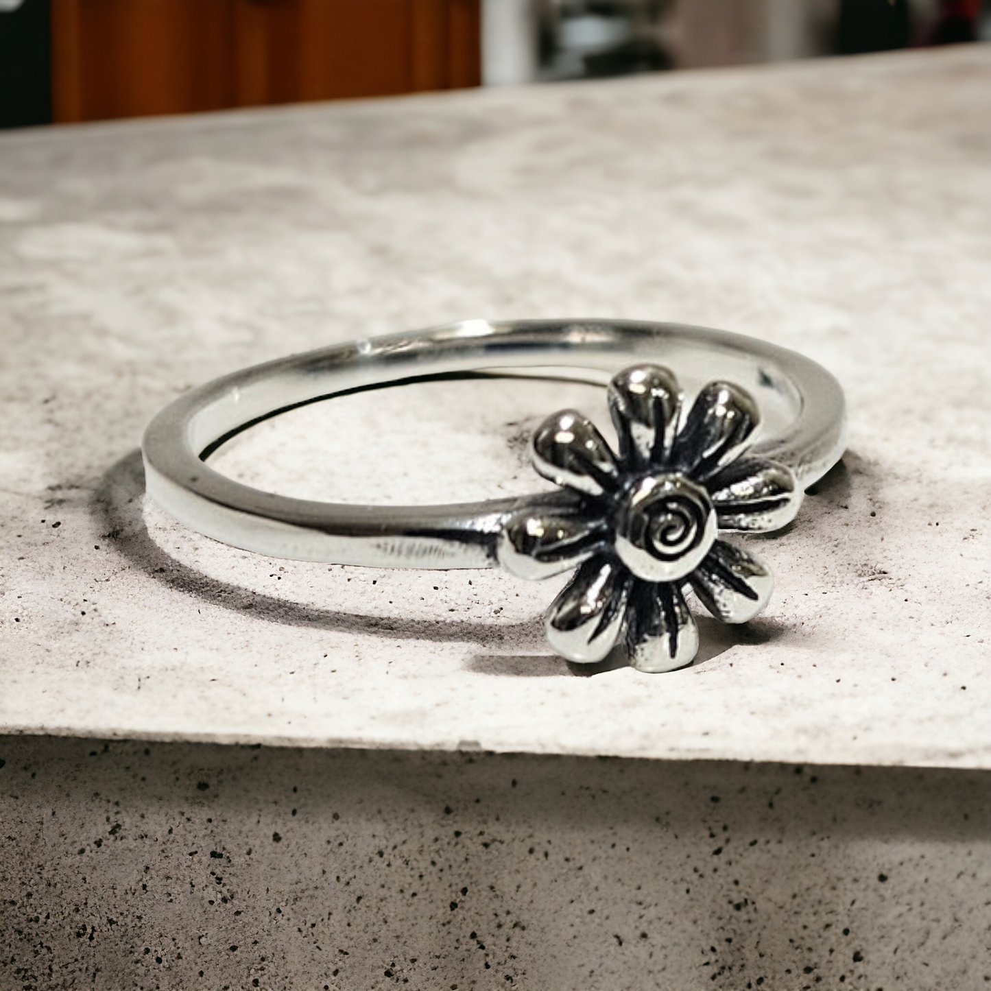 oxidized finish flower silver ring