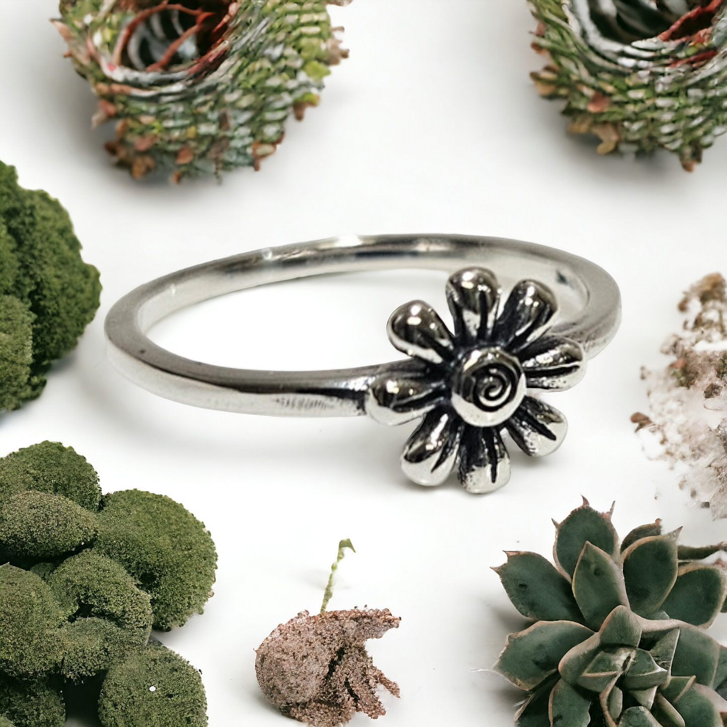 oxidized finish flower silver ring