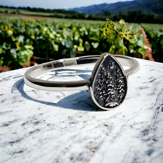 water drop with pine tree 925 silver ring