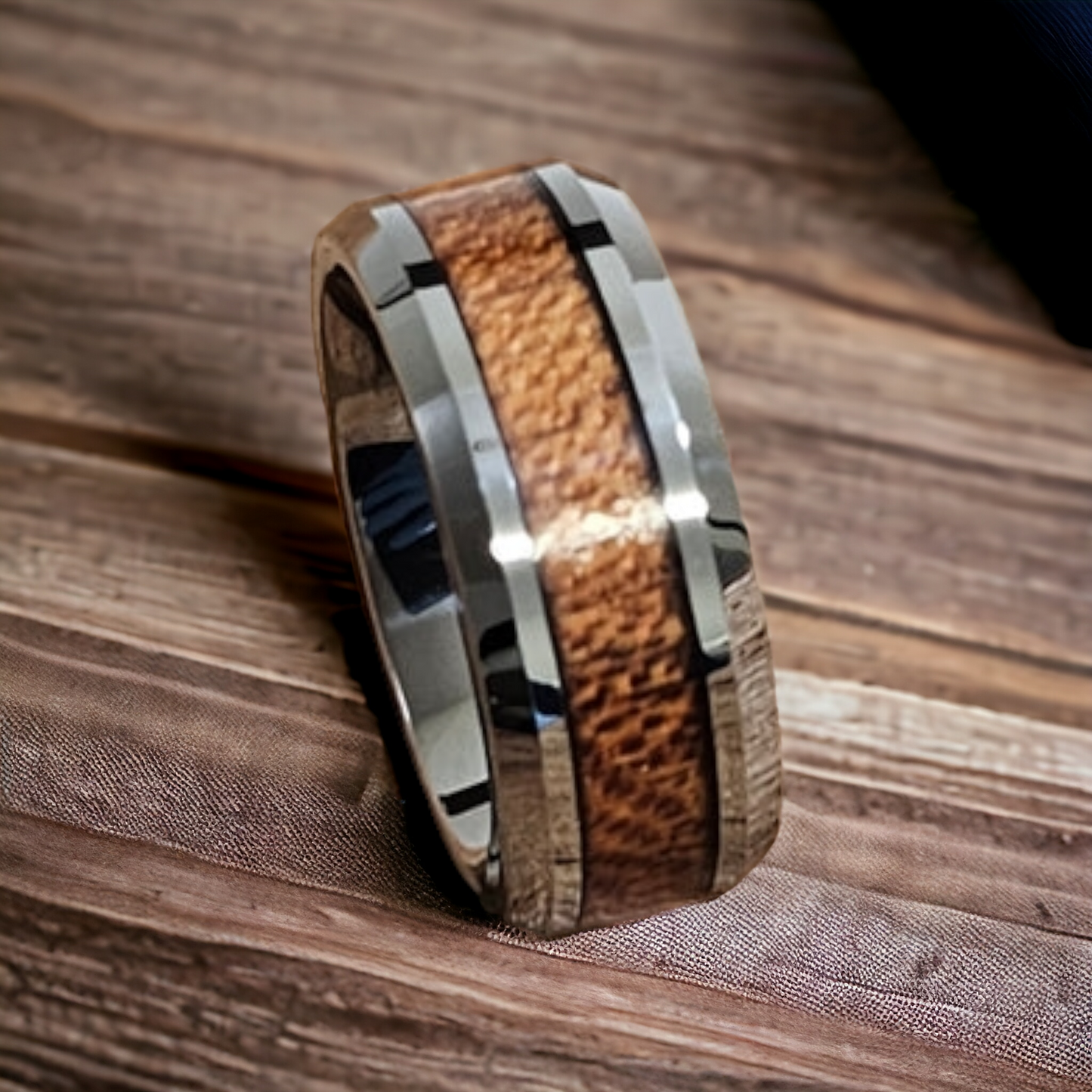 Simple beveled edge Koa wood inlay Tungsten carbide ring