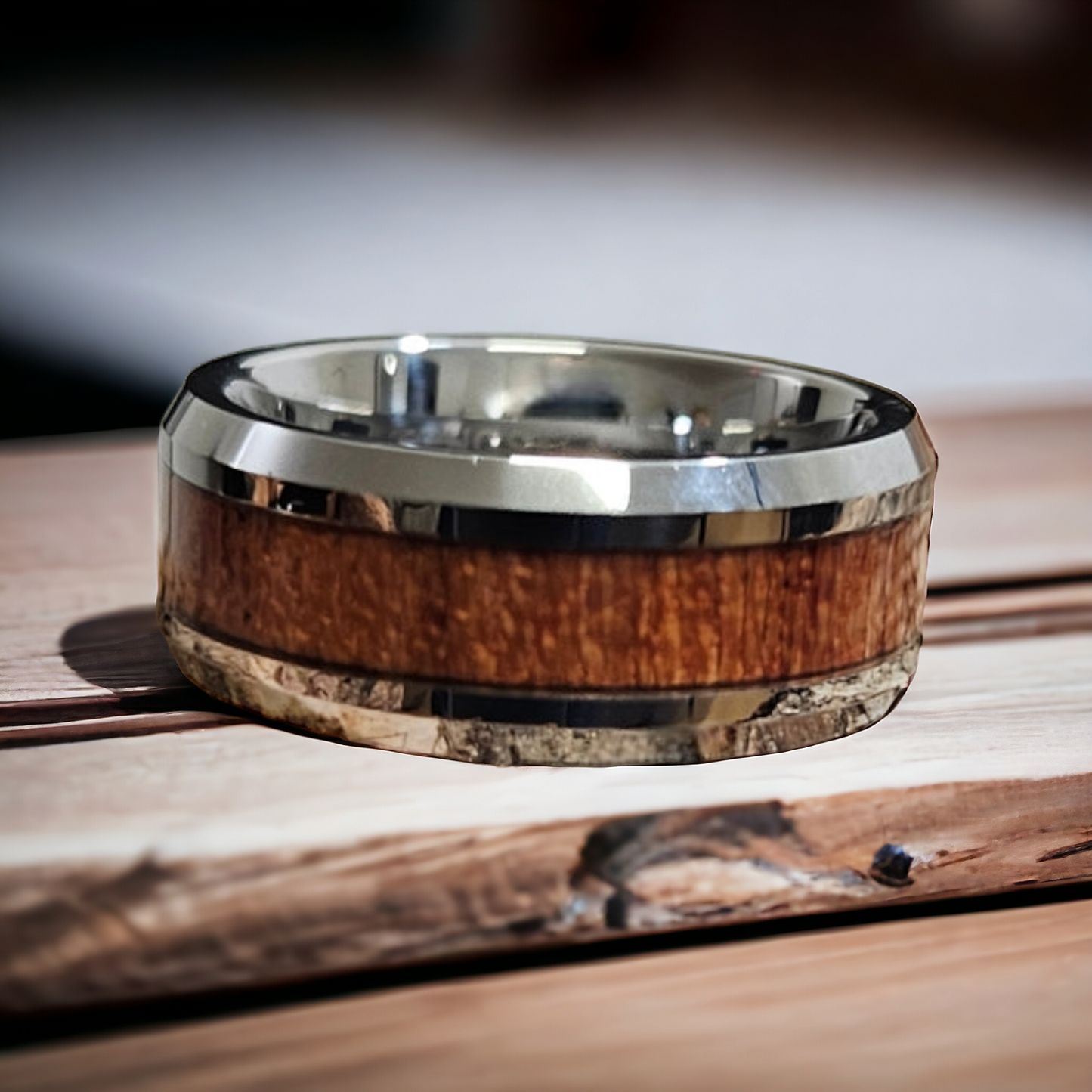 Simple beveled edge Koa wood inlay Tungsten carbide ring