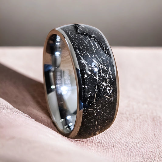 GALAXY EDITION Tungsten ring with silver glitter Inlay