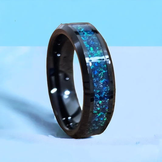 Tungsten carbibe with natural emerald opal.