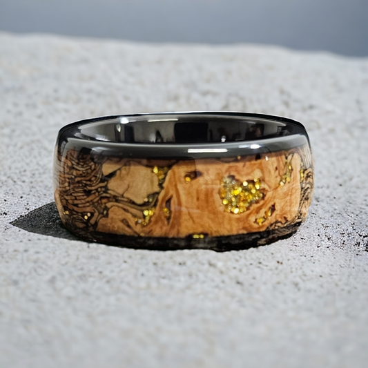 Cork Tree gold glitter inlay Domed tungsten ring