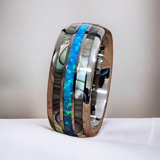 Beautiful abalone shell blue Opal inlay Tungsten ring